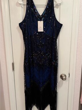 Beaded Navy Blue Fringe Midi Dress